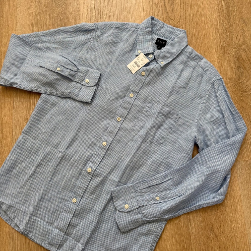 J.Crew AL179 Linen Cotton Blend Shirt Mens Size M‎ Blue Houndstooth Long Sleeve